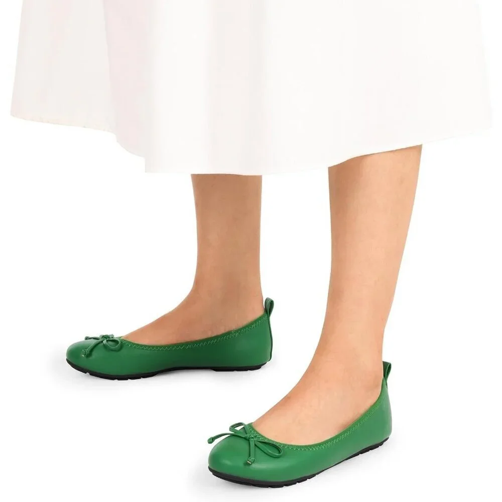 Women's Green Bowknot Round Toe Comfort Light Weight Slip-on Foldable Flats